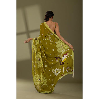 Thee Modern Roots Light Olive Printed and Embellished Georgette Saree with Unstitched Blouse