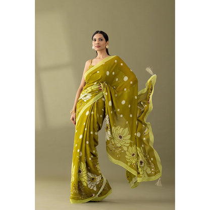 Thee Modern Roots Light Olive Printed and Embellished Georgette Saree with Unstitched Blouse