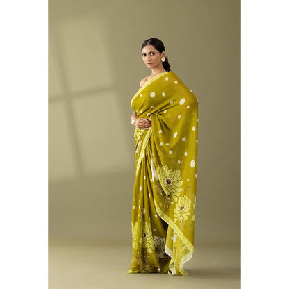 Thee Modern Roots Light Olive Printed and Embellished Georgette Saree with Unstitched Blouse