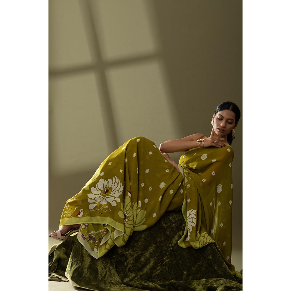 Thee Modern Roots Light Olive Printed and Embellished Georgette Saree with Unstitched Blouse