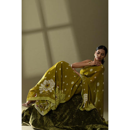 Thee Modern Roots Light Olive Printed and Embellished Georgette Saree with Unstitched Blouse