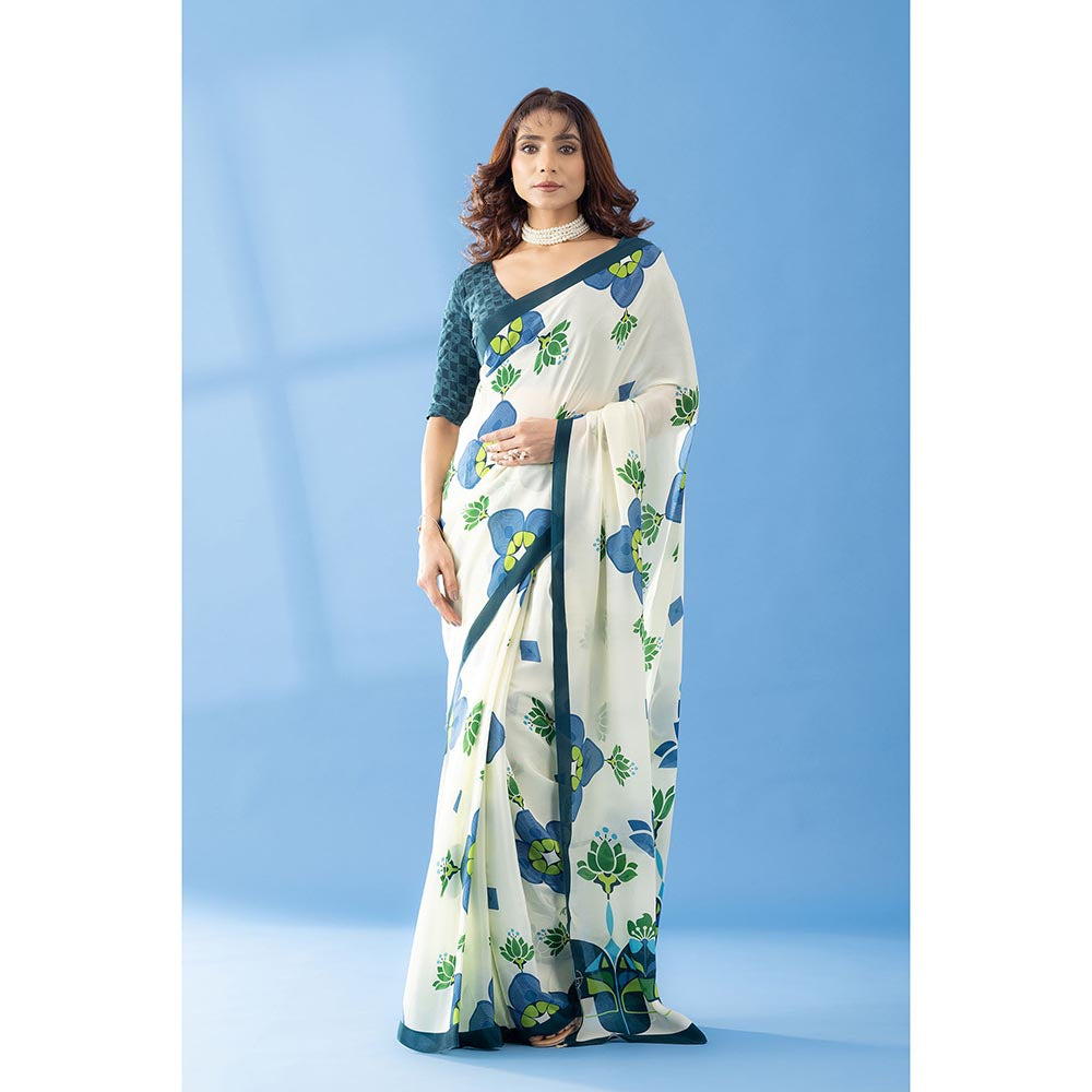 Thee Modern Roots Ivory Lotus Floral Printed Crepe Designer Saree with Unstitched Blouse