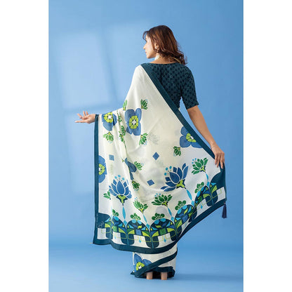 Thee Modern Roots Ivory Lotus Floral Printed Crepe Designer Saree with Unstitched Blouse