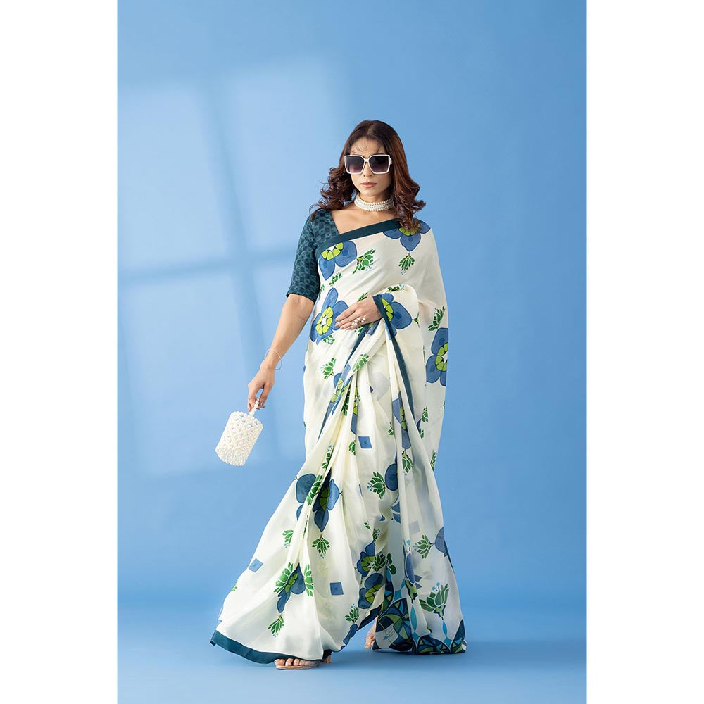 Thee Modern Roots Ivory Lotus Floral Printed Crepe Designer Saree with Unstitched Blouse