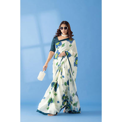 Thee Modern Roots Ivory Lotus Floral Printed Crepe Designer Saree with Unstitched Blouse