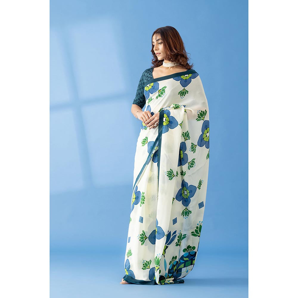 Thee Modern Roots Ivory Lotus Floral Printed Crepe Designer Saree with Unstitched Blouse