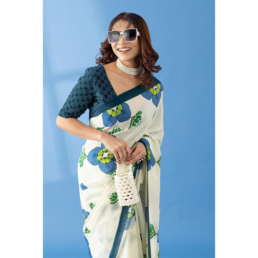 Thee Modern Roots Ivory Lotus Floral Printed Crepe Designer Saree with Unstitched Blouse