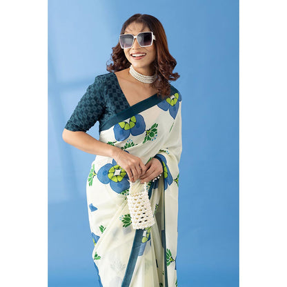 Thee Modern Roots Ivory Lotus Floral Printed Crepe Designer Saree with Unstitched Blouse
