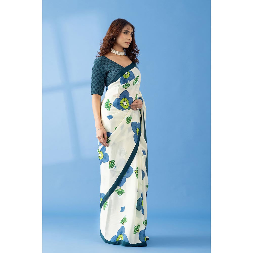 Thee Modern Roots Ivory Lotus Floral Printed Crepe Designer Saree with Unstitched Blouse