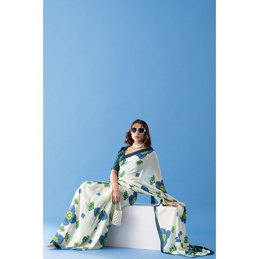 Thee Modern Roots Ivory Lotus Floral Printed Crepe Designer Saree with Unstitched Blouse