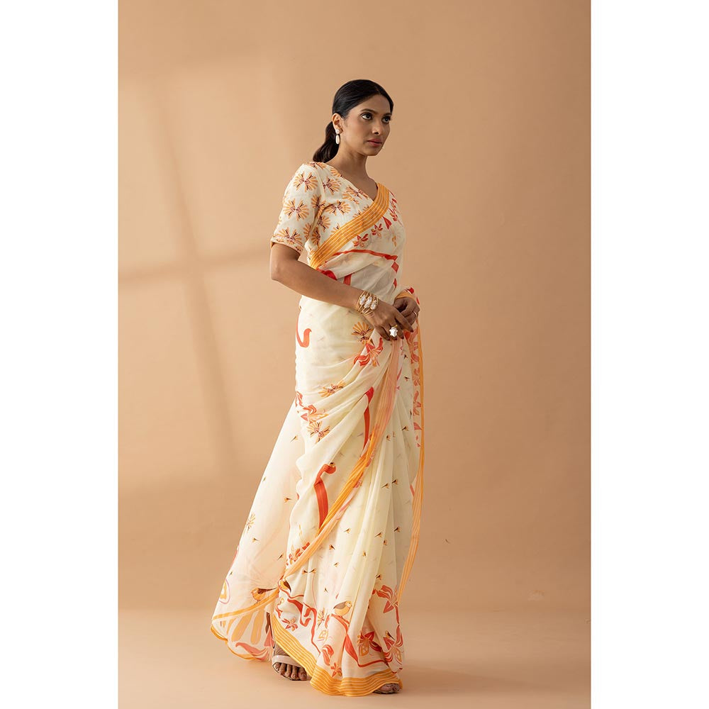 Thee Modern Roots Carnival Ivory & Orange Printed Georgette Saree with Unstitched Blouse
