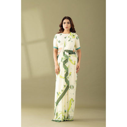 Thee Modern Roots Kaleidoscope Garden Ivory & Green Printed Georgette Saree with Unstitched Blouse