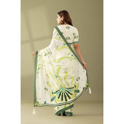 Thee Modern Roots Kaleidoscope Garden Ivory & Green Printed Georgette Saree with Unstitched Blouse