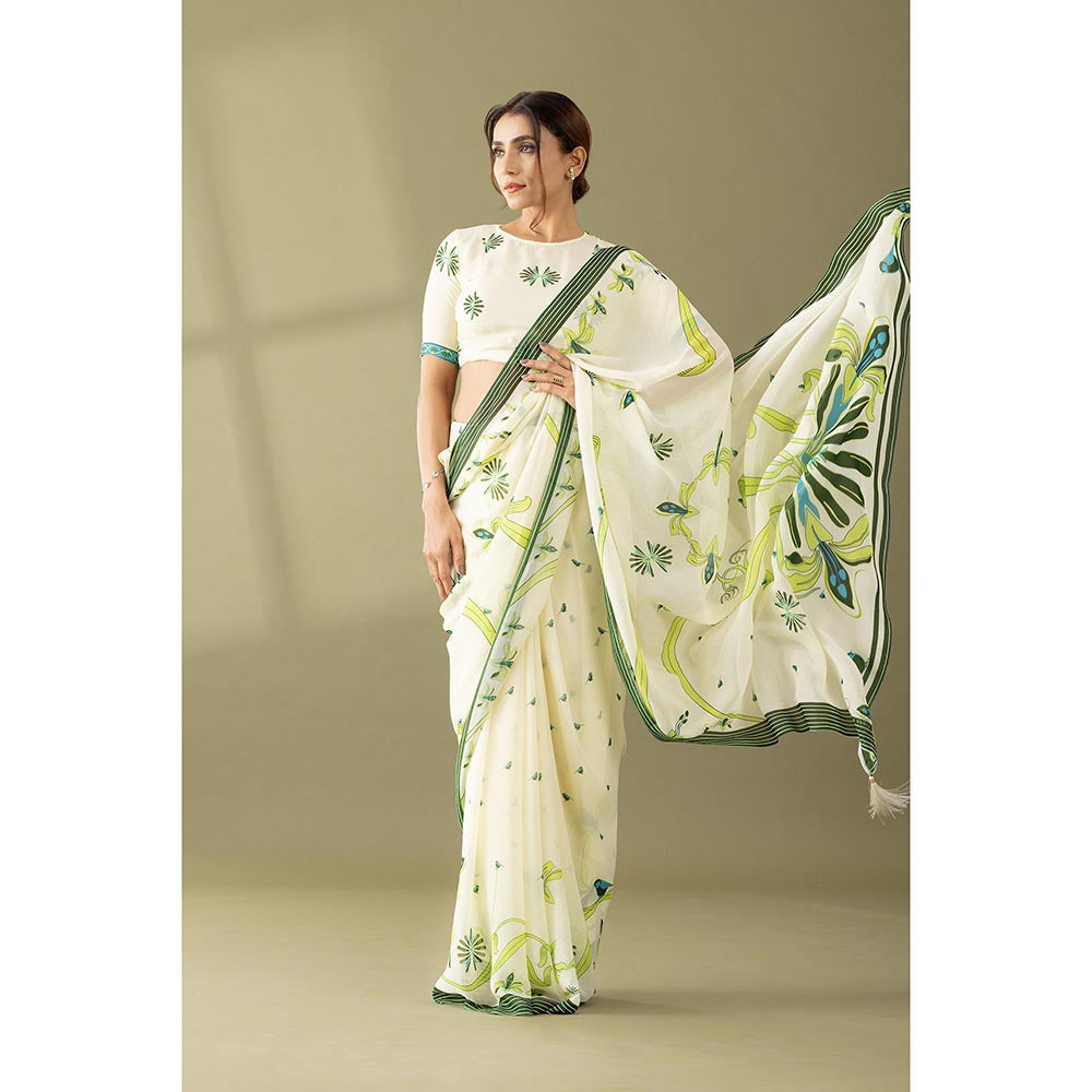 Thee Modern Roots Kaleidoscope Garden Ivory & Green Printed Georgette Saree with Unstitched Blouse