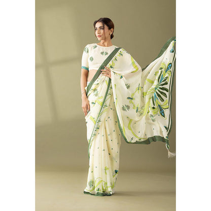 Thee Modern Roots Kaleidoscope Garden Ivory & Green Printed Georgette Saree with Unstitched Blouse