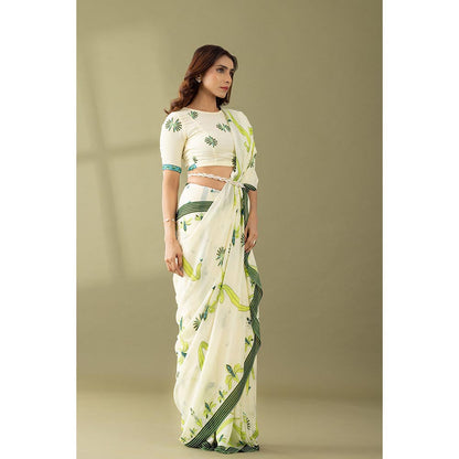 Thee Modern Roots Kaleidoscope Garden Ivory & Green Printed Georgette Saree with Unstitched Blouse