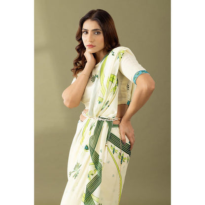Thee Modern Roots Kaleidoscope Garden Ivory & Green Printed Georgette Saree with Unstitched Blouse