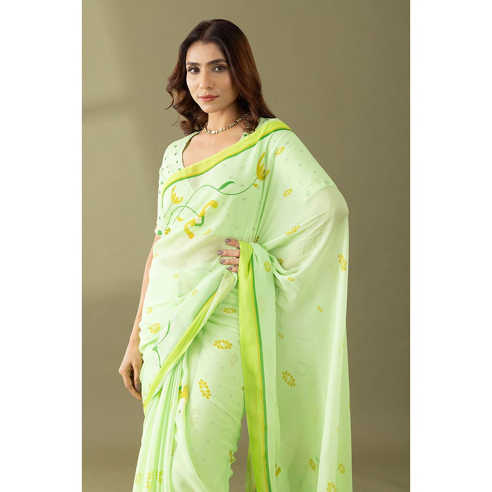 Thee Modern Roots Light Green Floral Printed Georgette Saree with Unstitched Blouse