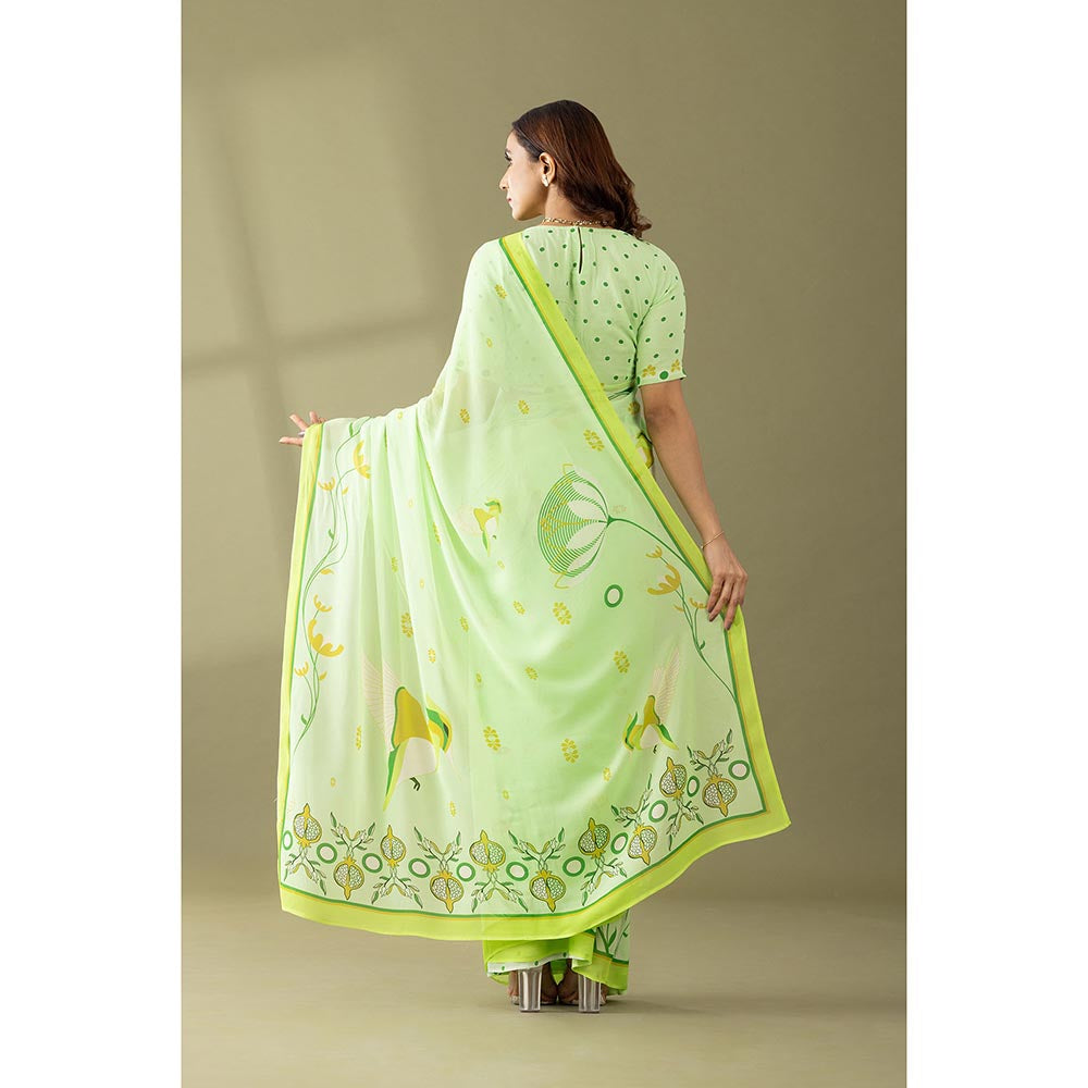 Thee Modern Roots Light Green Floral Printed Georgette Saree with Unstitched Blouse