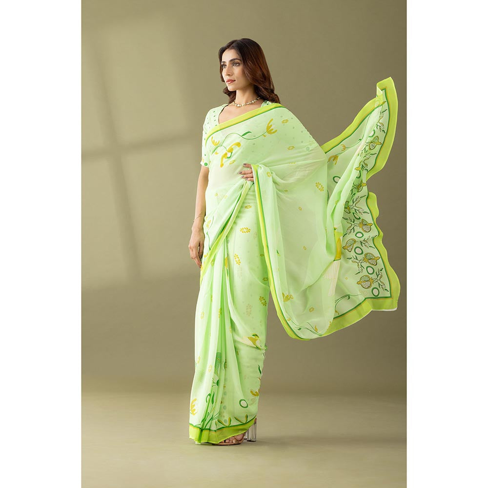 Thee Modern Roots Light Green Floral Printed Georgette Saree with Unstitched Blouse