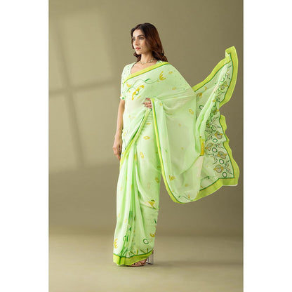 Thee Modern Roots Light Green Floral Printed Georgette Saree with Unstitched Blouse