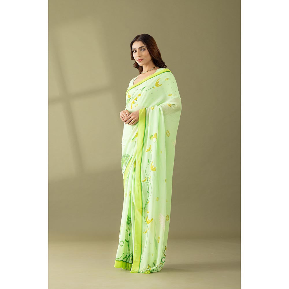 Thee Modern Roots Light Green Floral Printed Georgette Saree with Unstitched Blouse