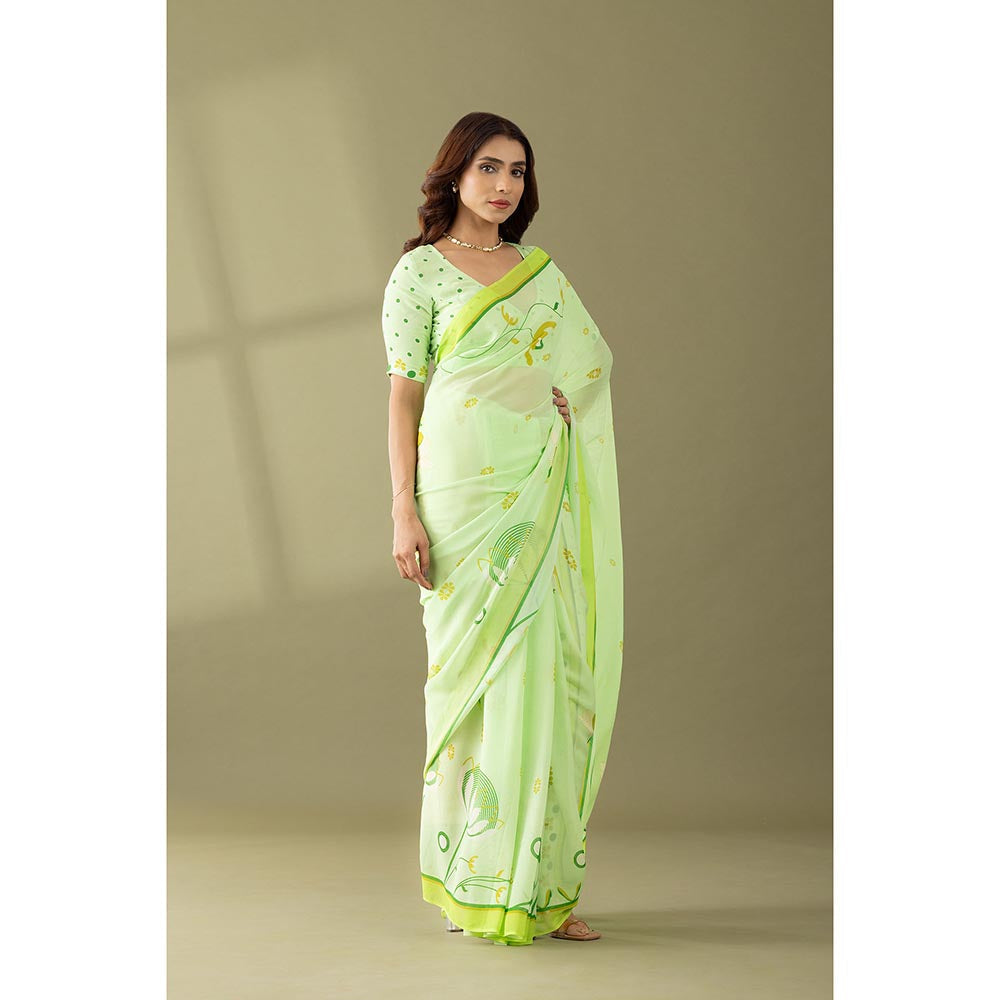 Thee Modern Roots Light Green Floral Printed Georgette Saree with Unstitched Blouse