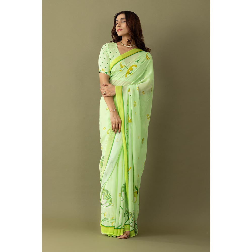 Thee Modern Roots Light Green Floral Printed Georgette Saree with Unstitched Blouse