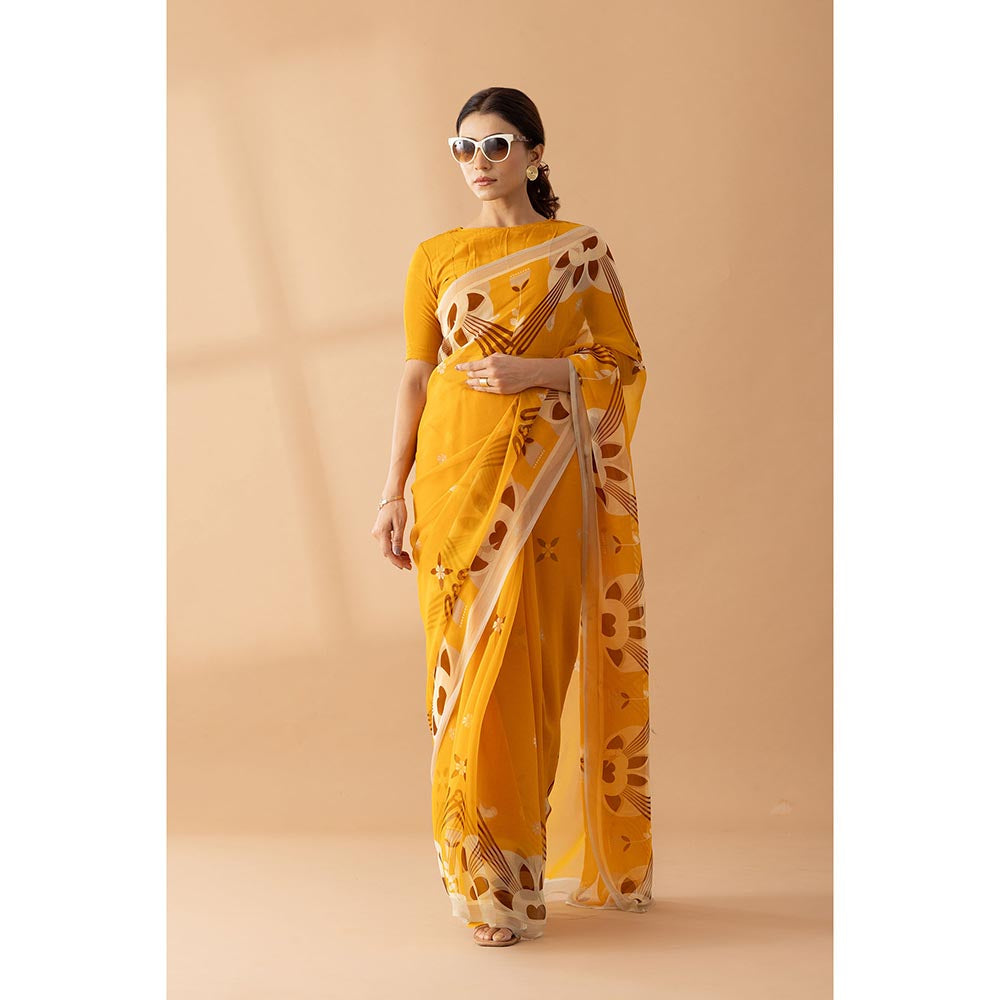 Thee Modern Roots Majestic Peaks Mustard Printed Chiffon Saree with Unstitched Blouse