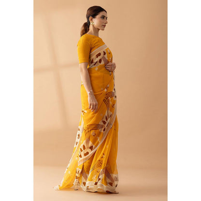 Thee Modern Roots Majestic Peaks Mustard Printed Chiffon Saree with Unstitched Blouse