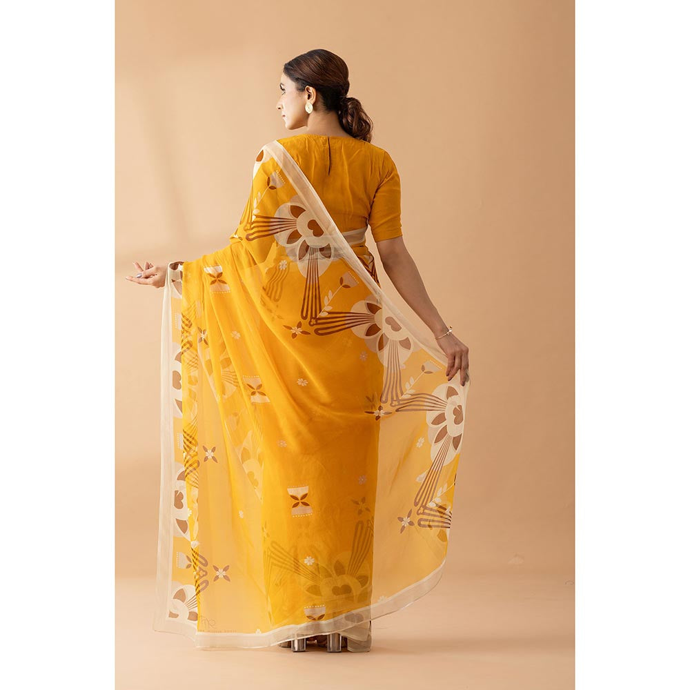 Thee Modern Roots Majestic Peaks Mustard Printed Chiffon Saree with Unstitched Blouse