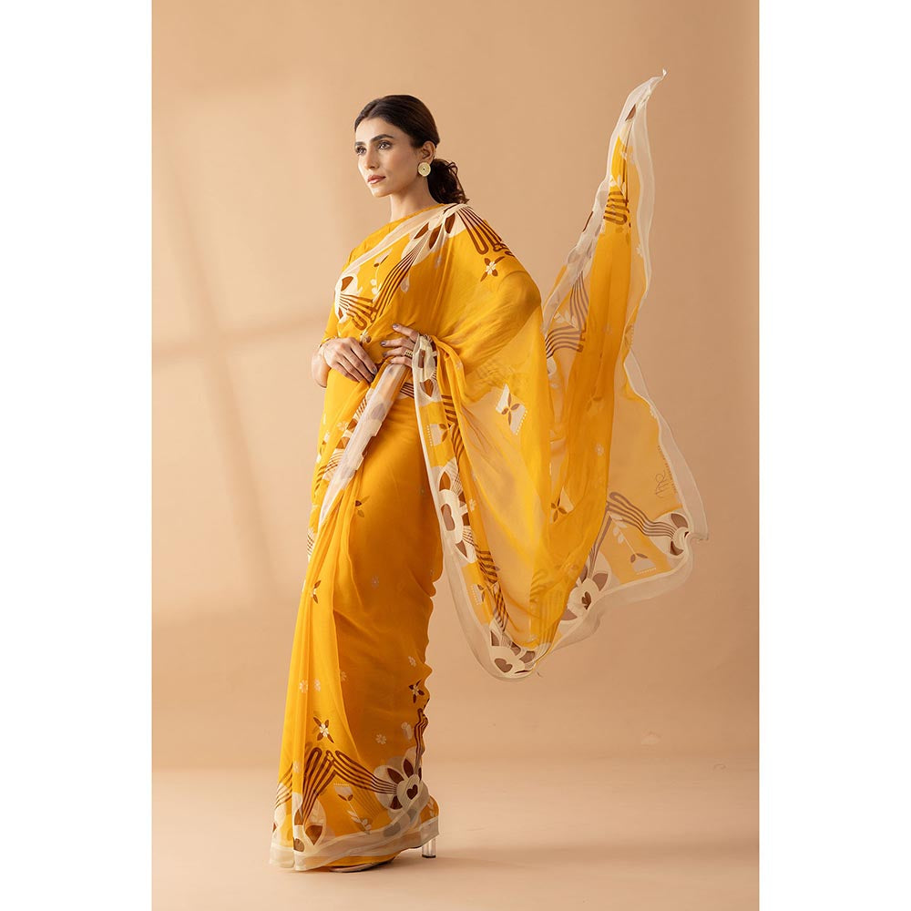 Thee Modern Roots Majestic Peaks Mustard Printed Chiffon Saree with Unstitched Blouse