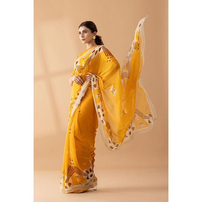 Thee Modern Roots Majestic Peaks Mustard Printed Chiffon Saree with Unstitched Blouse