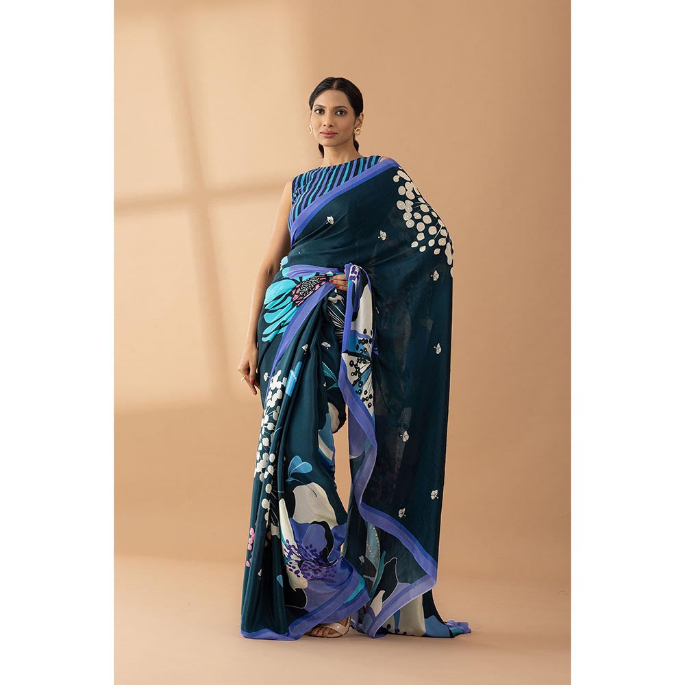 Thee Modern Roots Navy Blue Floral Printed and Embroidered Crepe Saree with Unstitched Blouse