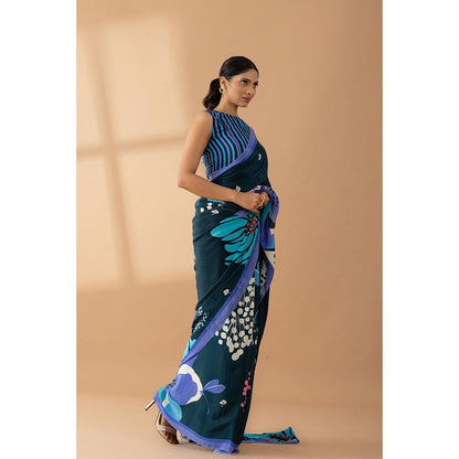Thee Modern Roots Navy Blue Floral Printed and Embroidered Crepe Saree with Unstitched Blouse