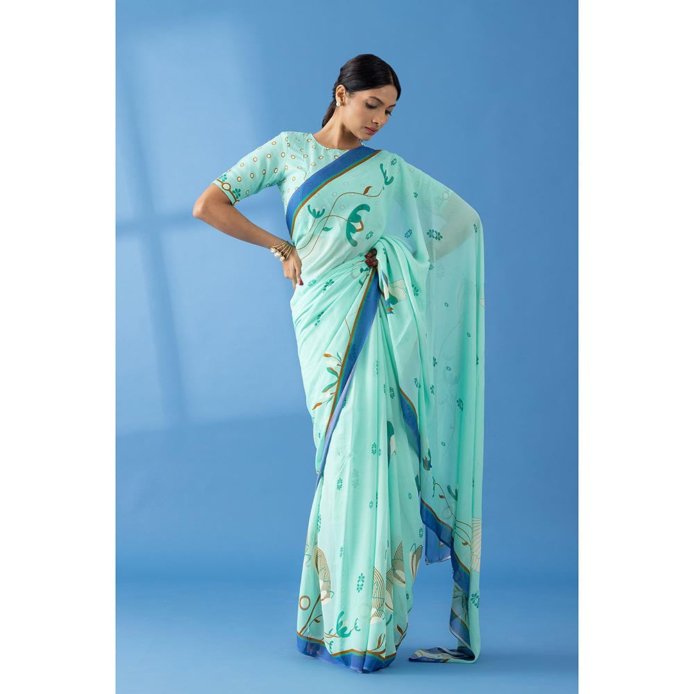 Thee Modern Roots Mint Green Floral Printed Georgette Saree with Unstitched Blouse