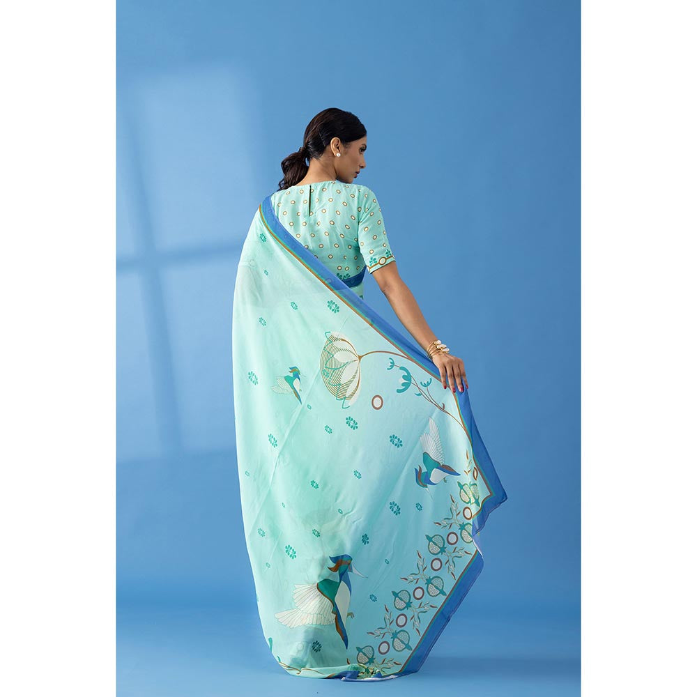 Thee Modern Roots Mint Green Floral Printed Georgette Saree with Unstitched Blouse