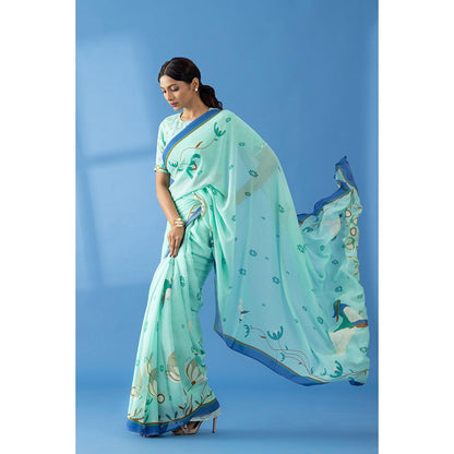 Thee Modern Roots Mint Green Floral Printed Georgette Saree with Unstitched Blouse