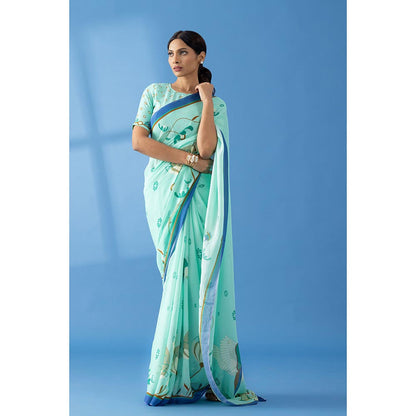 Thee Modern Roots Mint Green Floral Printed Georgette Saree with Unstitched Blouse
