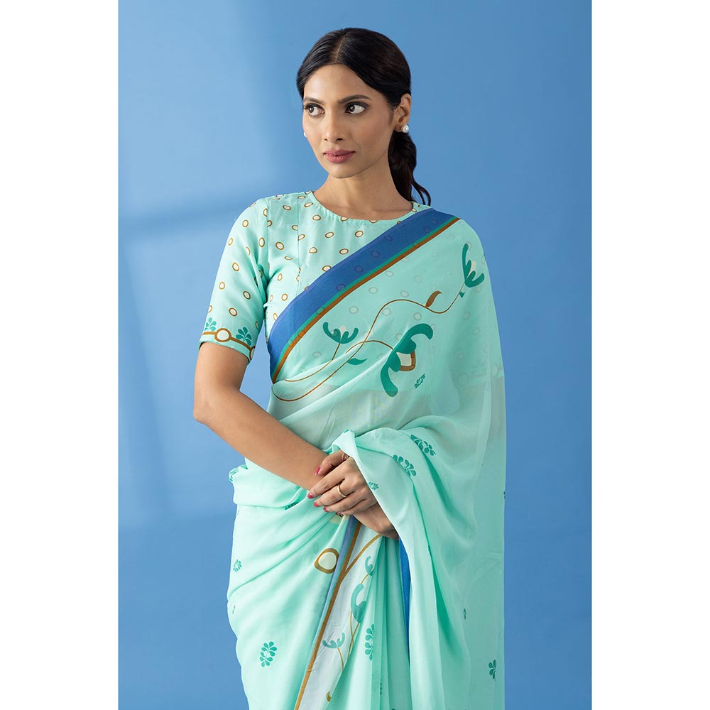 Thee Modern Roots Mint Green Floral Printed Georgette Saree with Unstitched Blouse
