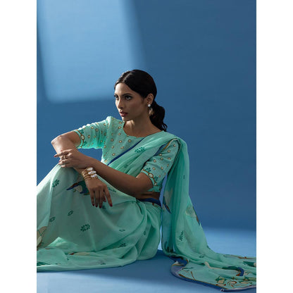 Thee Modern Roots Mint Green Floral Printed Georgette Saree with Unstitched Blouse