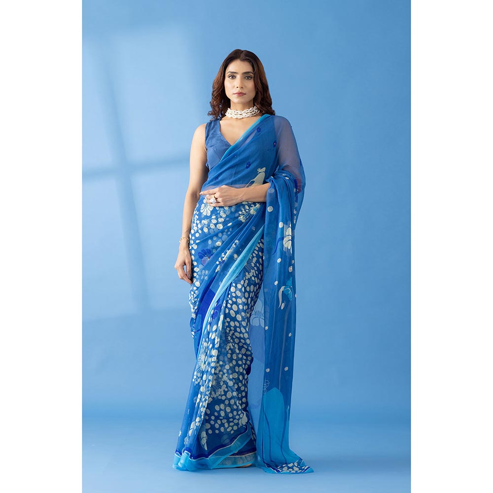 Thee Modern Roots Mystical Cobalt Blue Printed and Embellished Chiffon Saree with Unstitched Blouse
