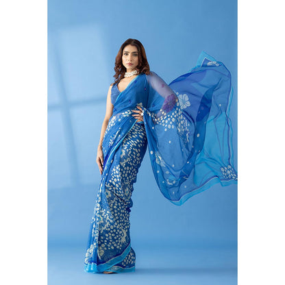 Thee Modern Roots Mystical Cobalt Blue Printed and Embellished Chiffon Saree with Unstitched Blouse
