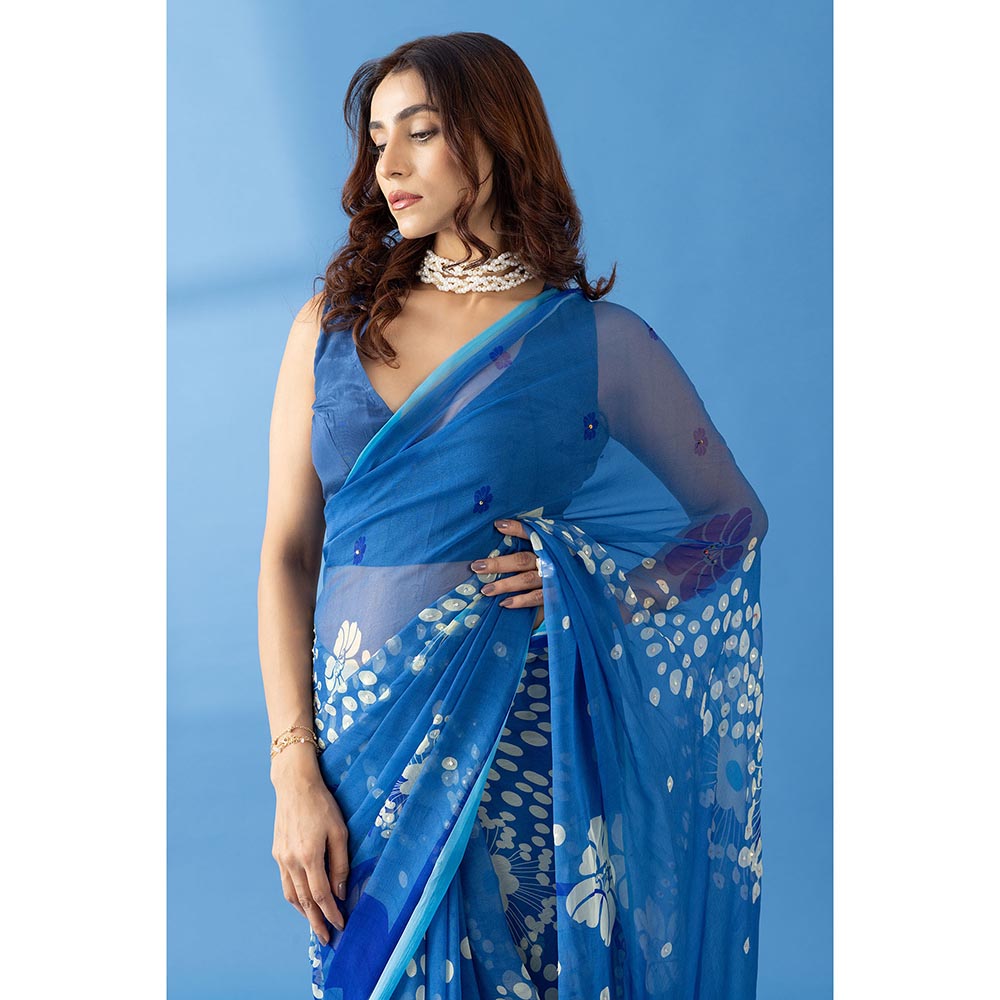 Thee Modern Roots Mystical Cobalt Blue Printed and Embellished Chiffon Saree with Unstitched Blouse