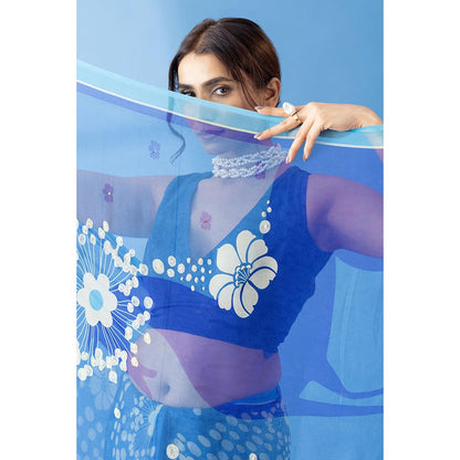 Thee Modern Roots Mystical Cobalt Blue Printed and Embellished Chiffon Saree with Unstitched Blouse