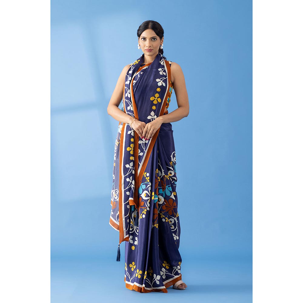 Thee Modern Roots Navy Floral Printed and Embroidered Crepe Festive Saree with Unstitched Blouse