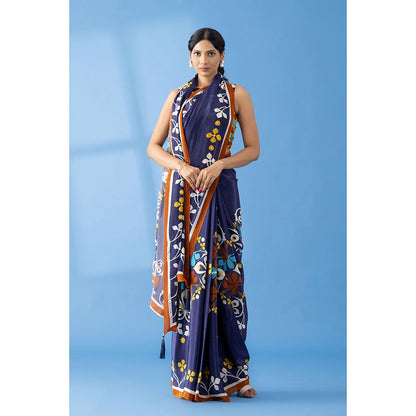 Thee Modern Roots Navy Floral Printed and Embroidered Crepe Festive Saree with Unstitched Blouse