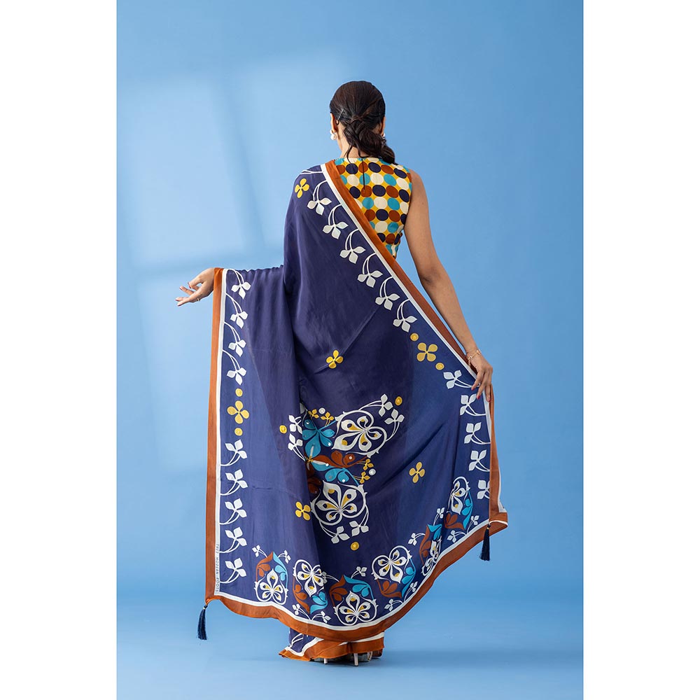 Thee Modern Roots Navy Floral Printed and Embroidered Crepe Festive Saree with Unstitched Blouse