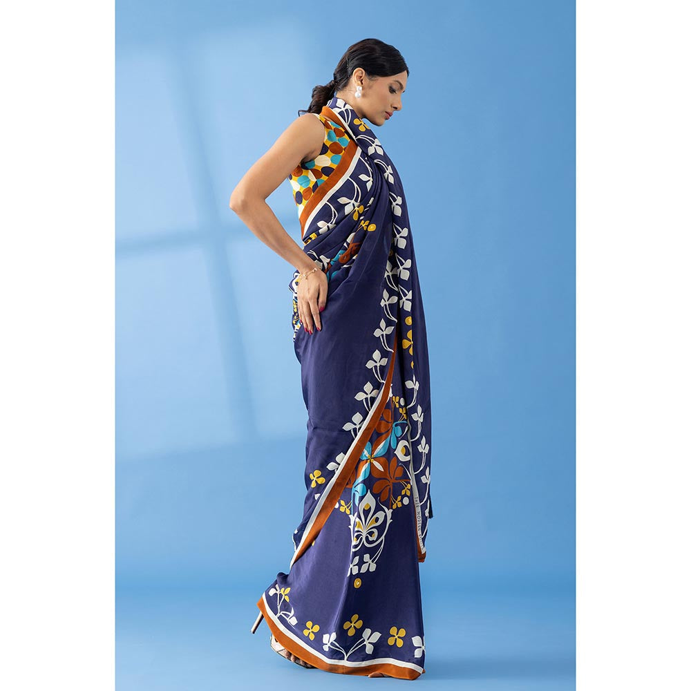 Thee Modern Roots Navy Floral Printed and Embroidered Crepe Festive Saree with Unstitched Blouse