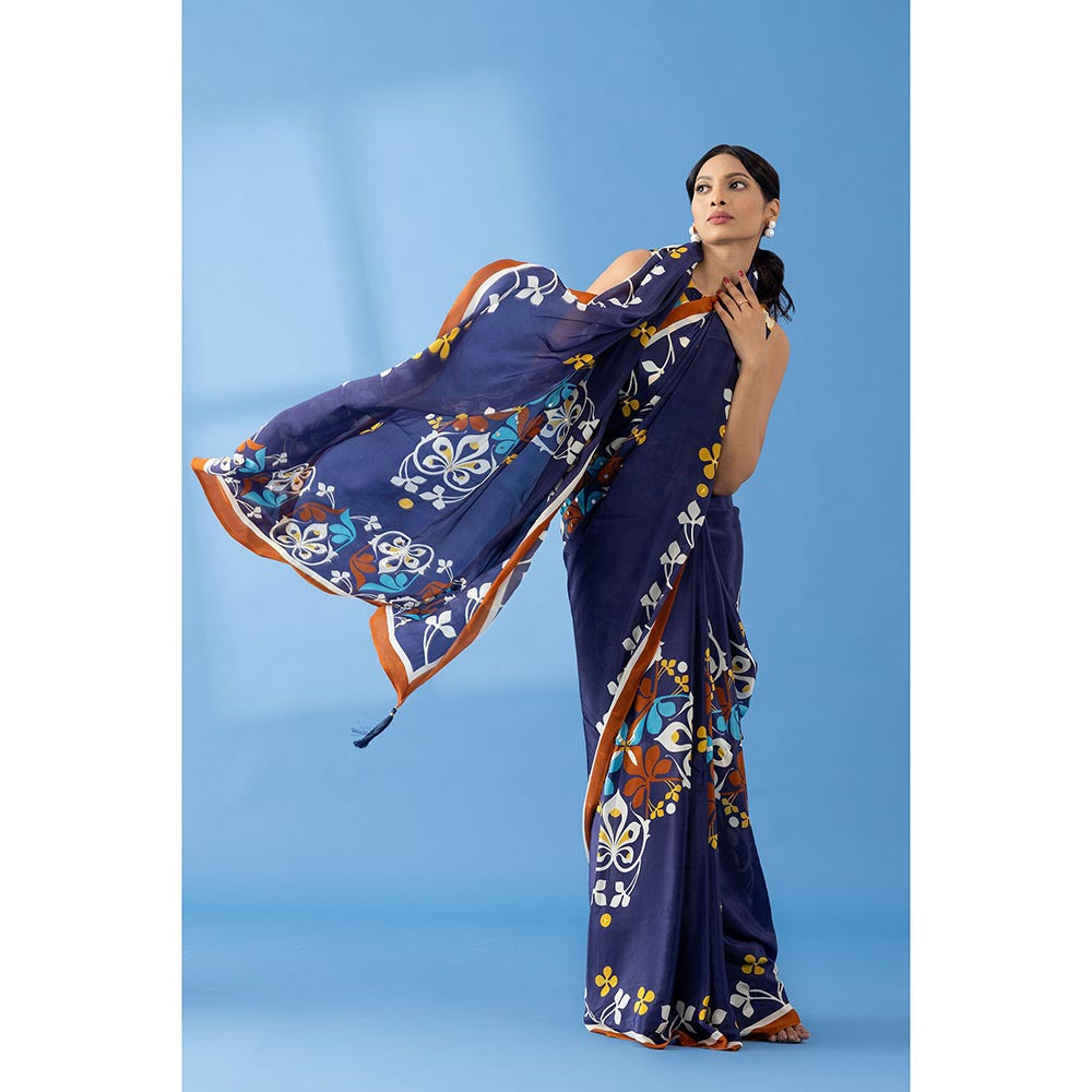 Thee Modern Roots Navy Floral Printed and Embroidered Crepe Festive Saree with Unstitched Blouse